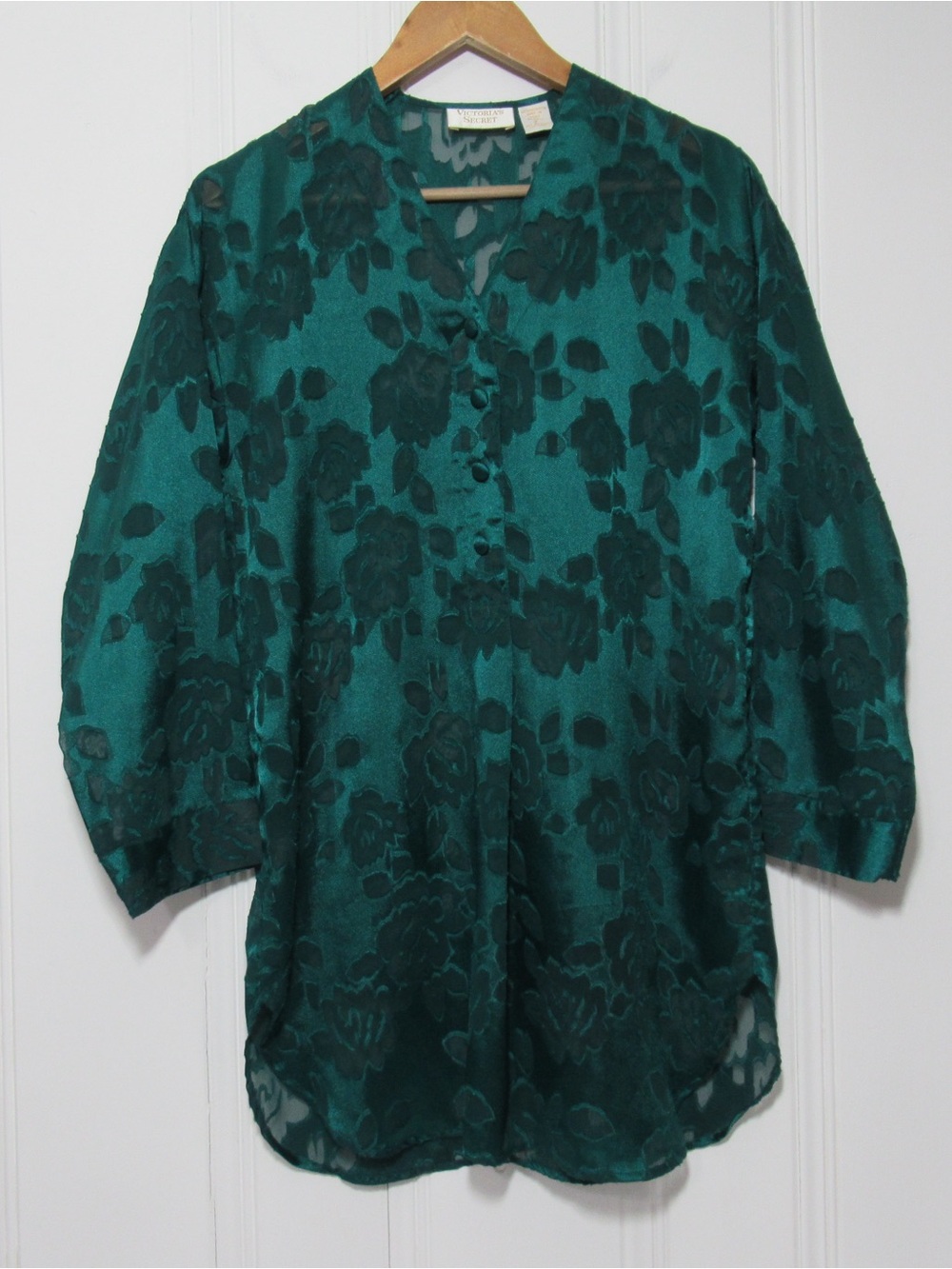 Victoria's Secret Vintage Gold Label Emerald Green Floral Sheer Night Gown Top